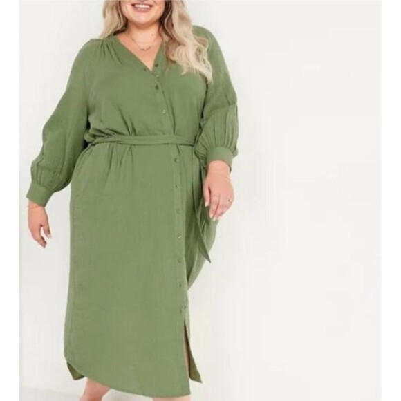 NWOT Old Navy Women's Plus Button-Down Belted Olive Green Midi Dress- Size 2XL - Picture 1 of 11